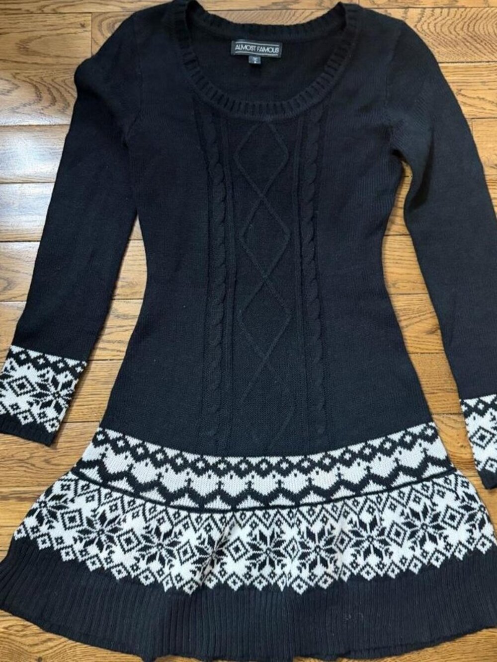 Almost Famous black sweater dress with white snowflake pattern. Size S #winterwe